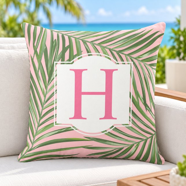 Coussin Initiale Monogramme Rose Feuille de Palmier Vert T (Créateur téléchargé)
