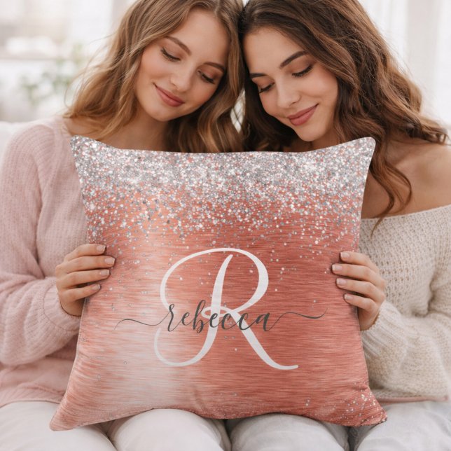 Coussin Initiale personnalisée & Nom Paillettes Corail (Créateur téléchargé)