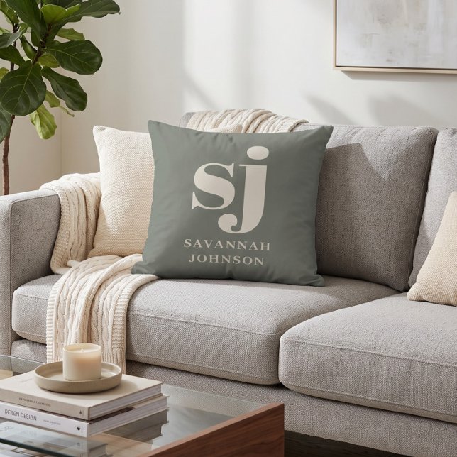 Coussin Initiales de monogramme de sauge élégantes  (Créateur téléchargé)