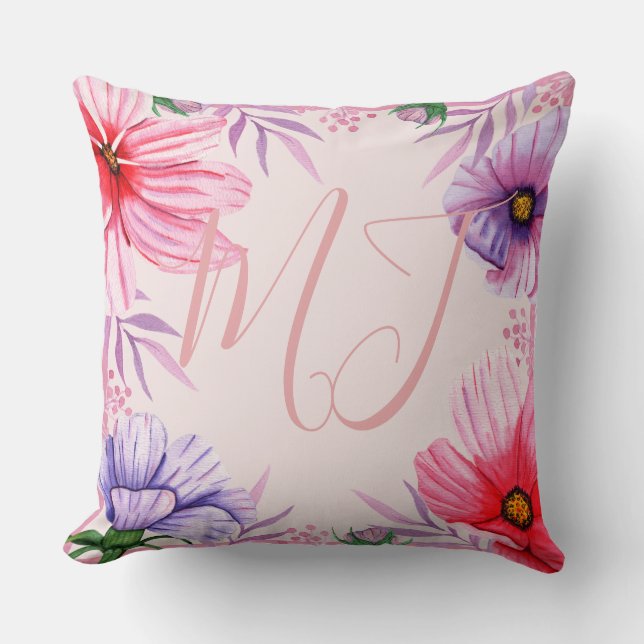Coussin Initiales de monogramme personnalisées et fleurs t (Recto)