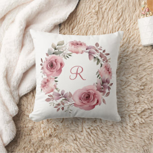 Coussin Initiales de monogramme Roses roses verdure Aquare