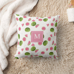 Coussin Initiales du Monogramme de pastèque rose et vert d