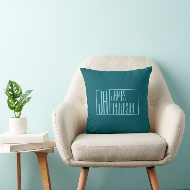Coussin Initiales et nom modernes | Turquoise foncé et ble (Chaise)