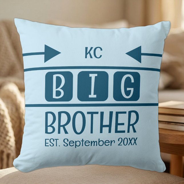Coussin Initiales grand frère mois année établis bleu (Créateur téléchargé)