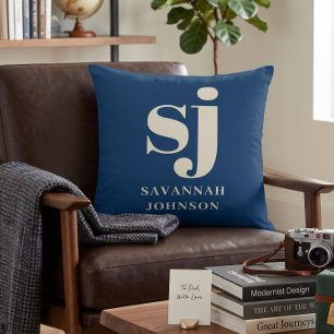 Coussin Initiales monogramme bleu marine élégant