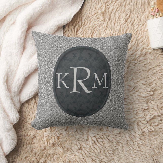Coussin Initiales Monogramme Élégant Fleur Noir  (Couverture)