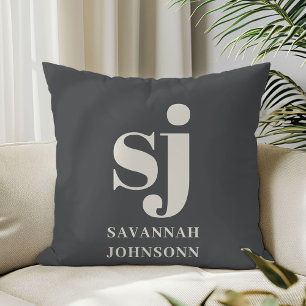 Coussin Initiales monogramme gris et crème