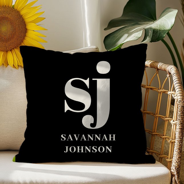 Coussin Initiales monogramme noir élégant  (Créateur téléchargé)