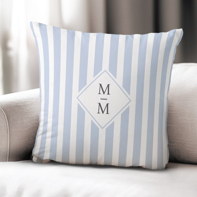 Coussin Initiales monogrammes bleu clair pâle rayures blan (Monogram initials dusty light blue white stripes throw pillow)