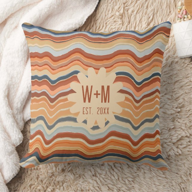 Coussin Initiales Rétro Rayures 70s Groovy Bohème terre cu (Couverture)