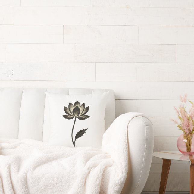 Coussin Ink Brush Lotus – Minimalist Floral Design on  (Canapé)