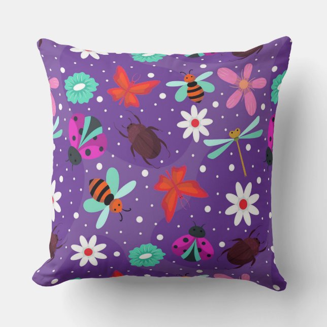 Coussin Insectes Colorés Fleurs Chambre Violette (Recto)