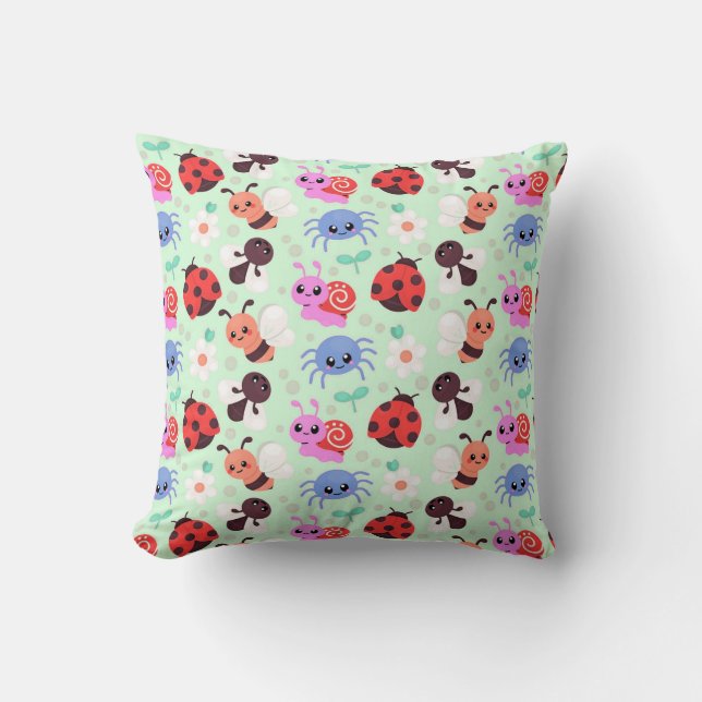 Coussin Insectes de dessin animé adorables et fleurs (Recto)