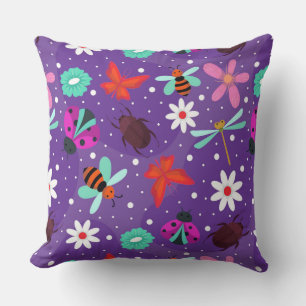 Coussin Insectes et fleurs colorés sur fond violet