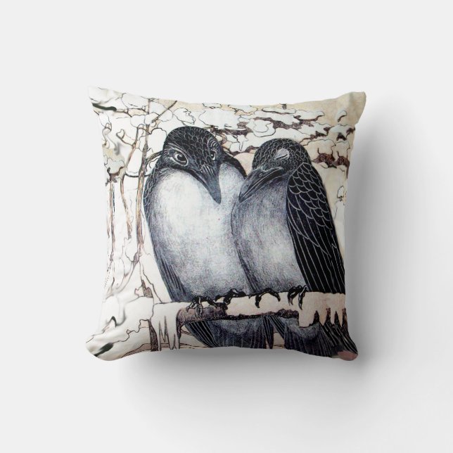 Coussin INSÉPARABLES D'HIVER DANS LA NEIGE Dessin noir et  (Recto)