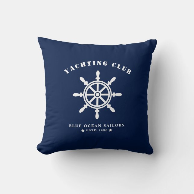 Coussin Insigne de roue du navire, bleu et blanc nautique (Recto)