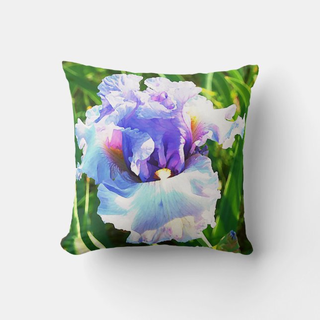 Coussin Iris d'aquarelle en bleu et lavande (Recto)