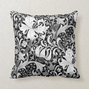 Coussin Iris et lis de William Morris, noirs et blancs