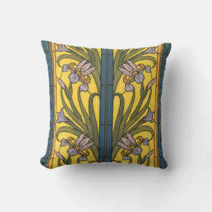 Coussin Iris Fleur Art Nouveau Vitrail Bleu Or