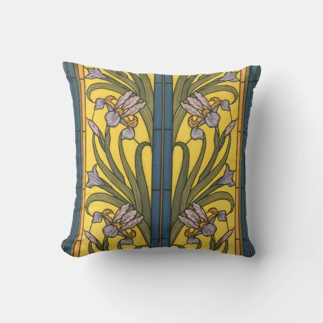 Coussin Iris Fleur Art Nouveau Vitrail Bleu Or (Recto)