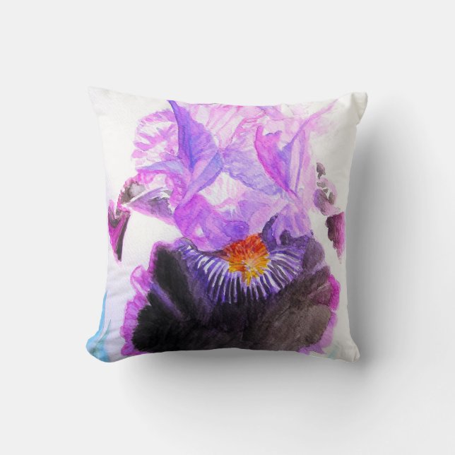 Coussin Iris noir pourpre aquarelle fleur floral (Recto)
