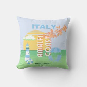 Coussin Italie Travel Art, Côte d'Amalfi, Preppy, Bleu