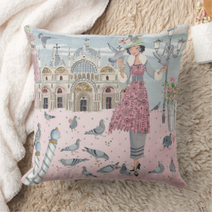 Coussin Italie Venise voyage pigeons gris rose fille dessi