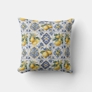 Coussin Italien Amalfi bleu carreaux blancs citrons