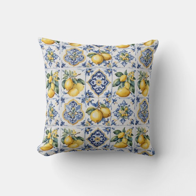 Coussin Italien Amalfi bleu carreaux blancs citrons (Recto)