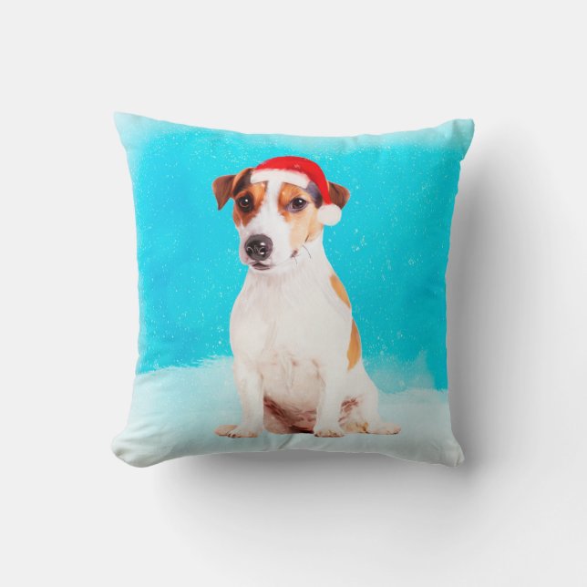 Coussin jack russell Chien Assis dans la neige avec Santa  (Recto)