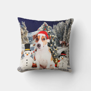 Coussin jack russell Chien Assis dans la neige avec Santa