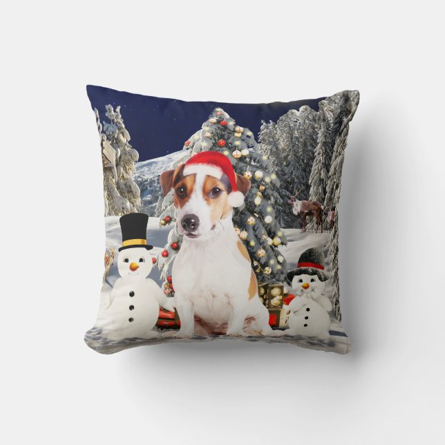 Coussin jack russell Chien Assis dans la neige avec Santa  (Recto)