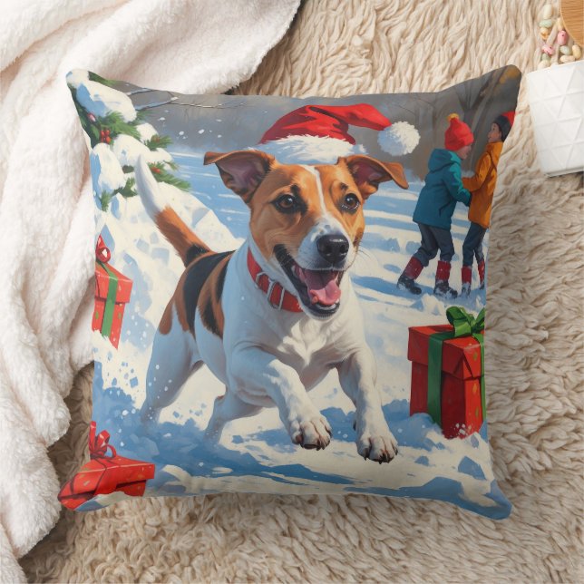 Coussin Jack Russell courant dans la neige avec un chapeau (Couverture)