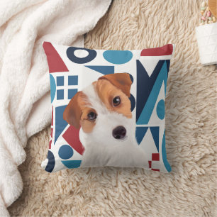 Coussin Jack Russell Terrier Chien bleu et rouge géométriq