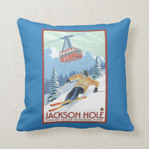 Coussin Jackson Hole, skieur du Wyoming et tram