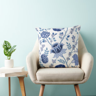 Coussin Jacobean Floral 2Way Blues Motif blanc