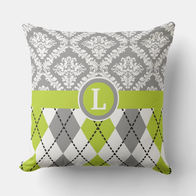 Coussin Jacquard et motif damassé vert, gris monogramme (Recto)