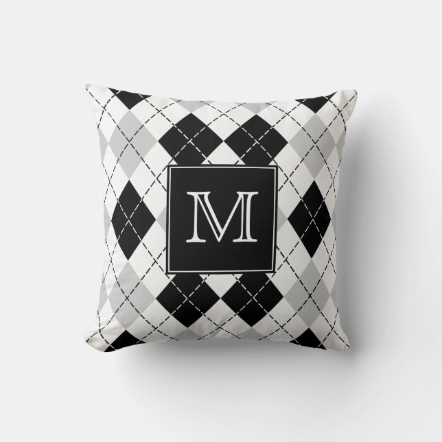 Coussin Jacquard noir et blanc gris décoré d'un monogramme (Recto)