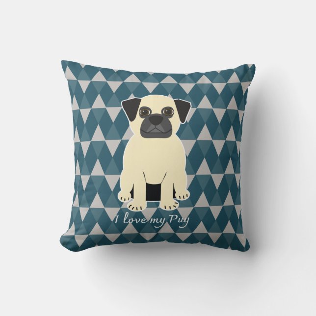 Coussin J'adore mon Pug, motif diamants bleus (Recto)