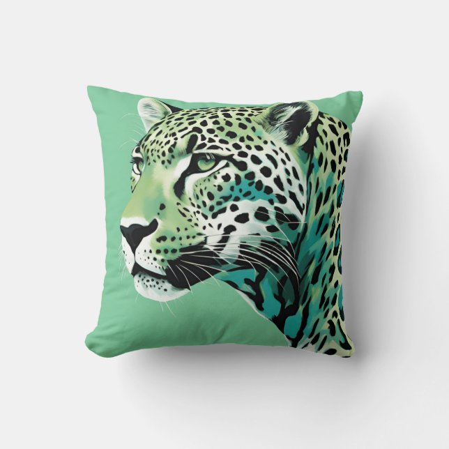 Coussin Jaguar Leopard Big Chat Couleurs Turquoises (Recto)
