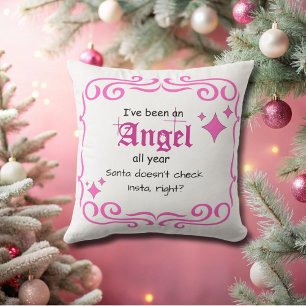 Coussin J'ai été un ange, des lettres roses de Noël