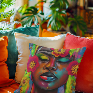 Coussin J'ai Trouvé Ma Paix Portrait Abstrait de Femme Noi