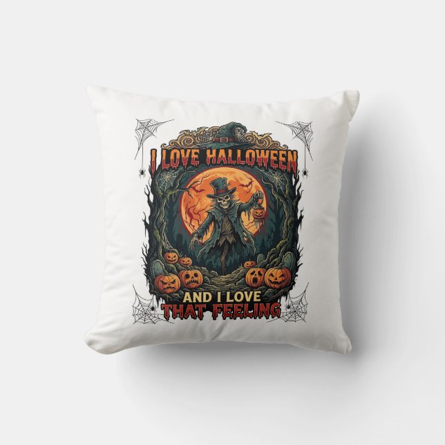 Coussin J'aime Halloween Squelette Épouvantail Pleine Lune (Recto)