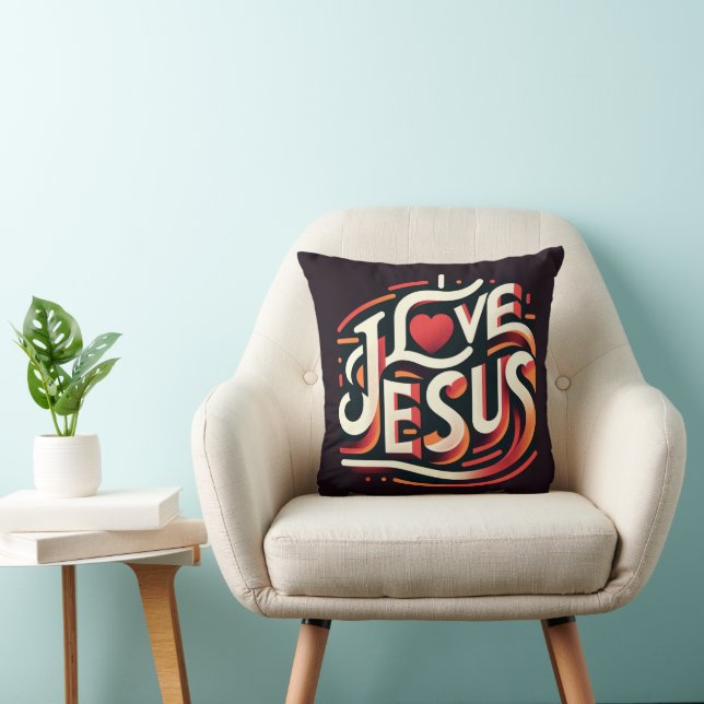 Coussin J'aime Jésus rétro chrétien (Chaise)