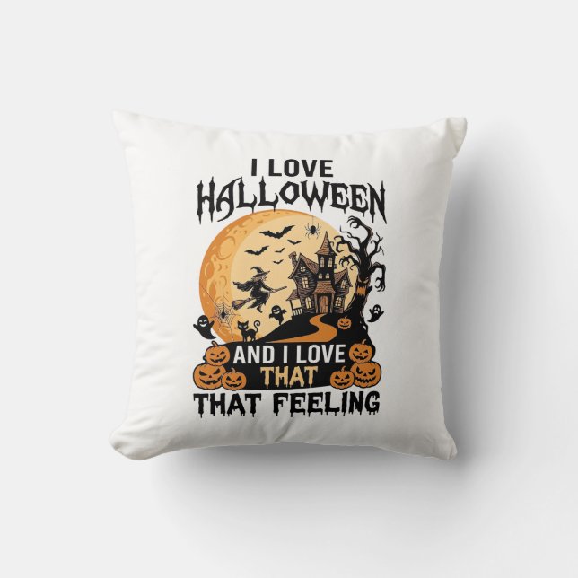 Coussin J'aime la maison hantée Halloween Sorcière de lune (Recto)