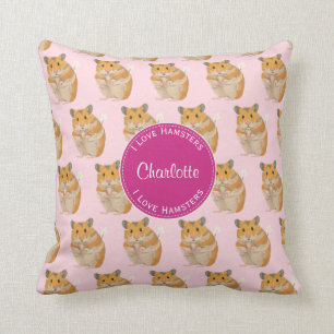 Coussin J'aime le motif rose de hamster de hamsters
