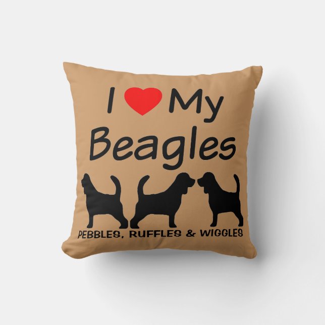 Coussin J'Aime Mes Trois Chiens Beagles (Recto)
