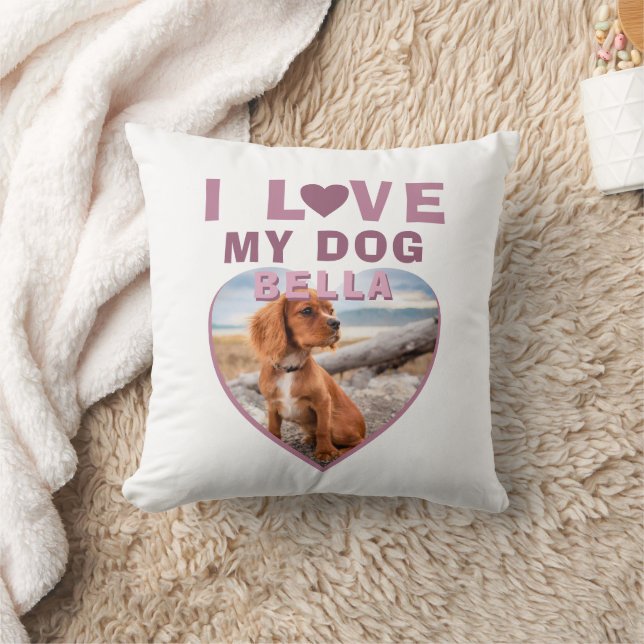 Coussin J'aime mon chien rose Coeur Photo Nom de l'animal (Couverture)