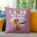 Coussin J'aime mon chien rose Coeur Photo Nom de l'animal<br><div class="desc">J'aime mon chien rose Coeur photo coussin de nom d'animal de compagnie. Une photo d'animal de compagnie en forme de coeur. Ajoutez votre photo et votre nom.</div>