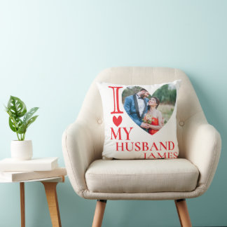 Coussin J'aime mon mari coeur photo personnalisé